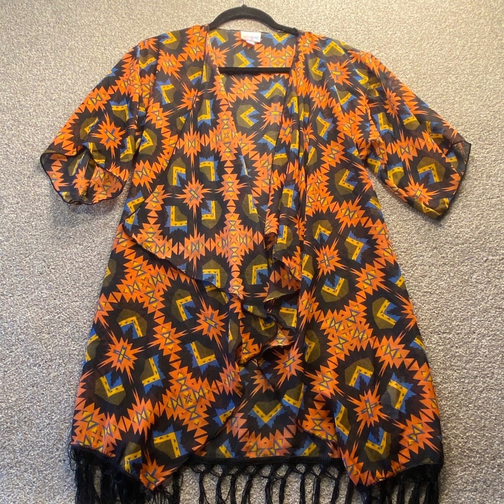 LuLaRoe Lindsay Kimono Cardigan Small Orange Blue Geometric Southwestern